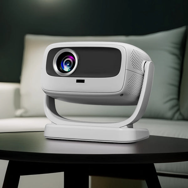 4K projector on a black table with a blurred background