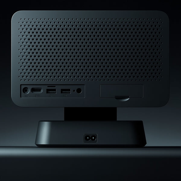 Black electronic projector with ports on a dark background