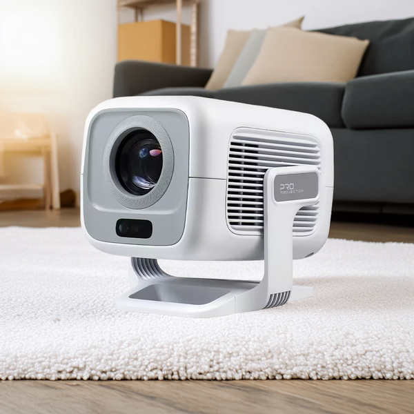 White projector on a white rug in a living room setting