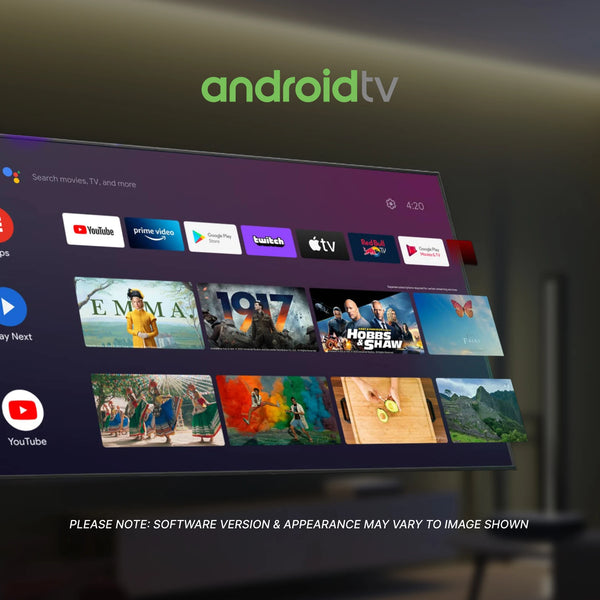Android TV interface on a screen with various app icons and a dark background.