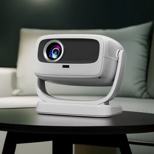 4K projector on a black table with a blurred background