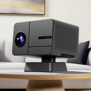 Black projector on a table in a living room setting
