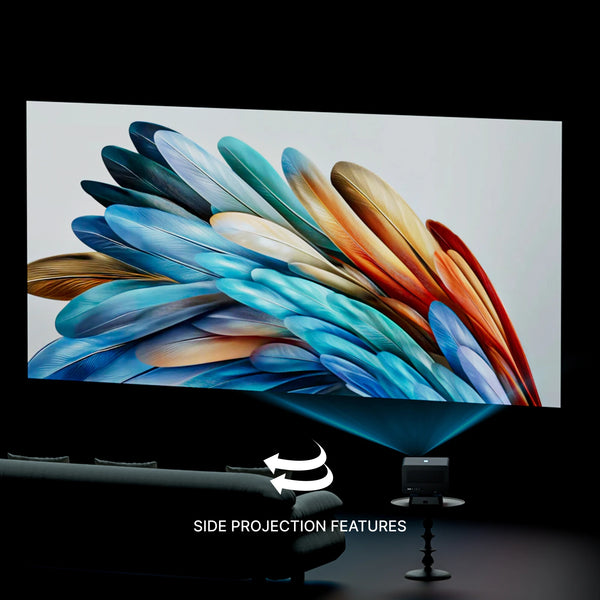 Smart TV with colorful feather design on screen, side projection features highlighted.